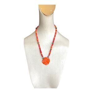 Boho Orange Red Beaded Necklace Resin Rose Pendant Statement Floral Necklace